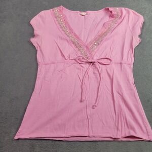 Five Top Womens S Pink Sequin V-Neck Empire Waist Cap Sleeve Y2K Fairycore Boho